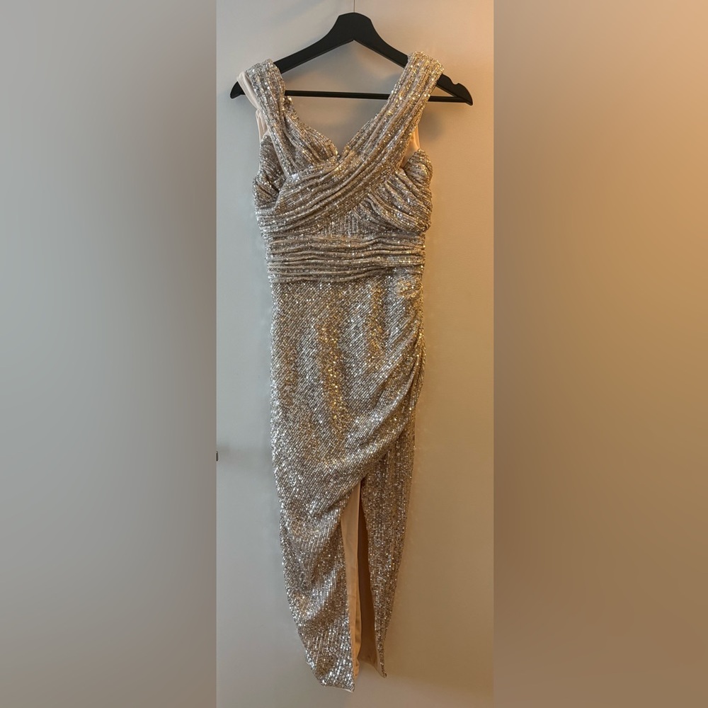 Self Portrait SEQUIN OFF SHOULDER WRAP MIDI DRESS